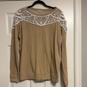 ✨ Kori America Boho Crochet Lace Yoke Long Sleeve Top - Large ✨